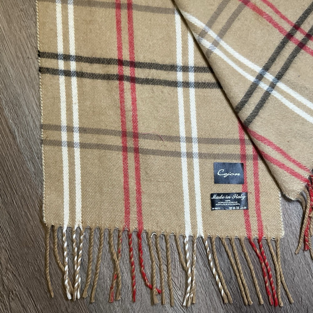 Cejon Scarf Womens 71x11 Brown White Classic Made in Italy Plaid Fringe Preppy